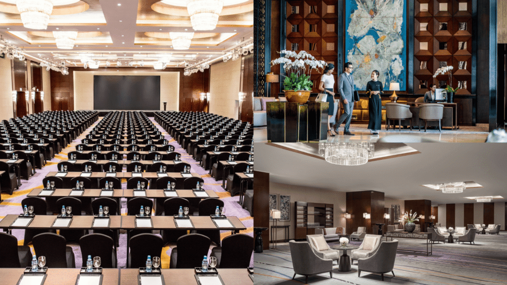 Corporate event photography of conference hall, business meeting venue, and networking space for large corporate events.