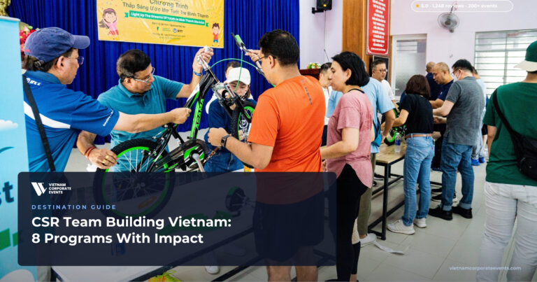 csr team building vietnam group building donated bikes for children