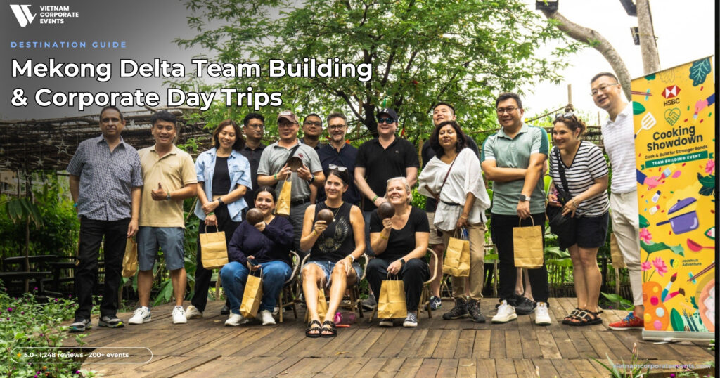 mekong delta team building corporate group on sampan boats in a coconut palm canal