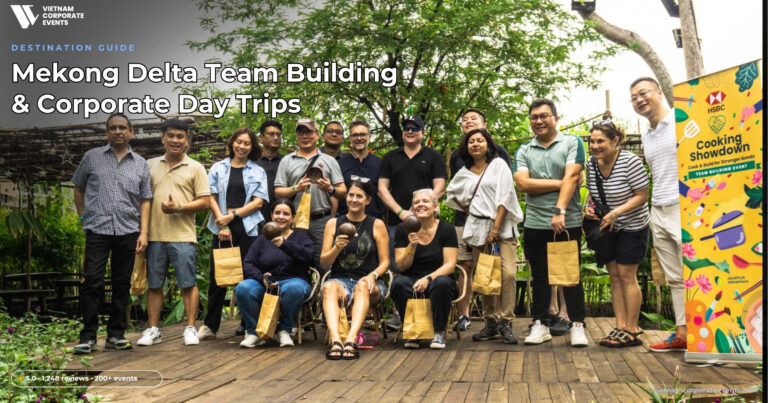 mekong delta team building corporate group on sampan boats in a coconut palm canal
