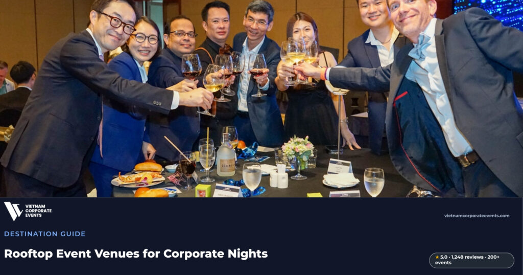rooftop event venue vietnam corporate reception with a city skyline at dusk