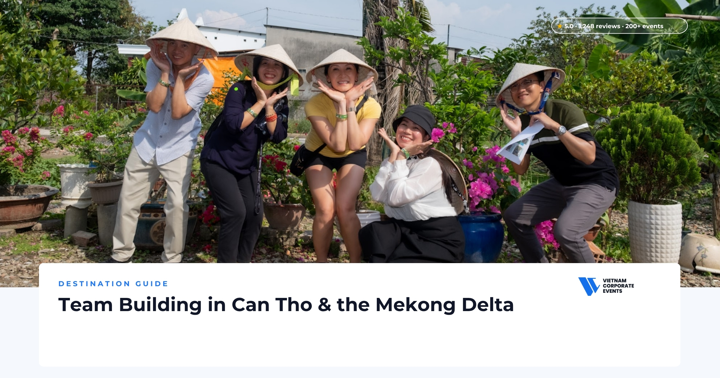 team building in can tho corporate group on sampan boats at a mekong delta floating market