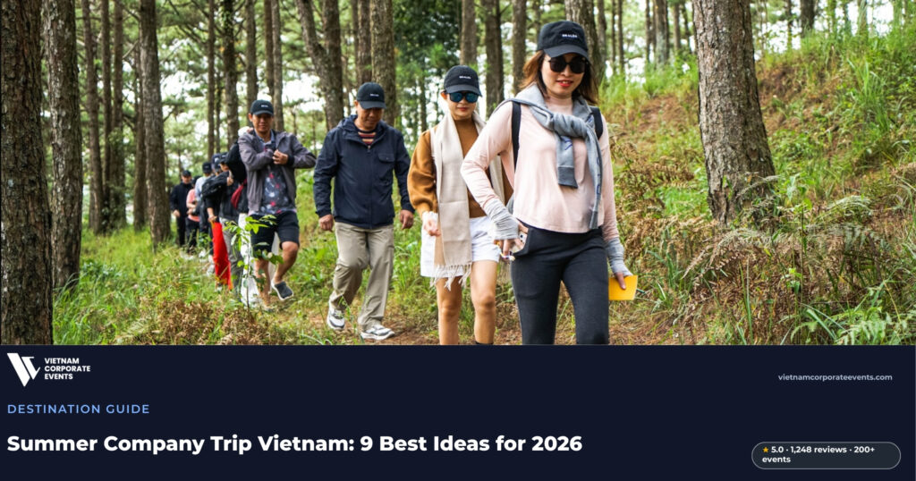 team building in da lat corporate group on an outdoor activity among pine forests