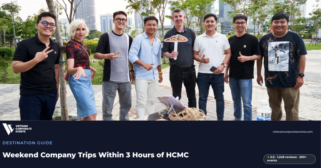 weekend company trip from ho chi minh city corporate group at a nearby beach resort