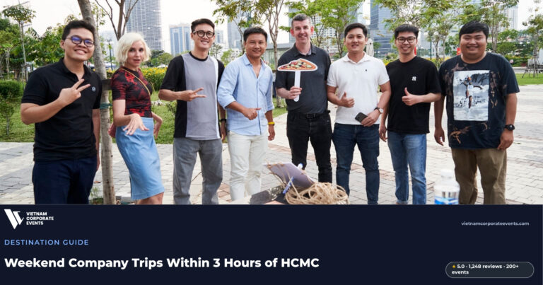 weekend company trip from ho chi minh city corporate group at a nearby beach resort