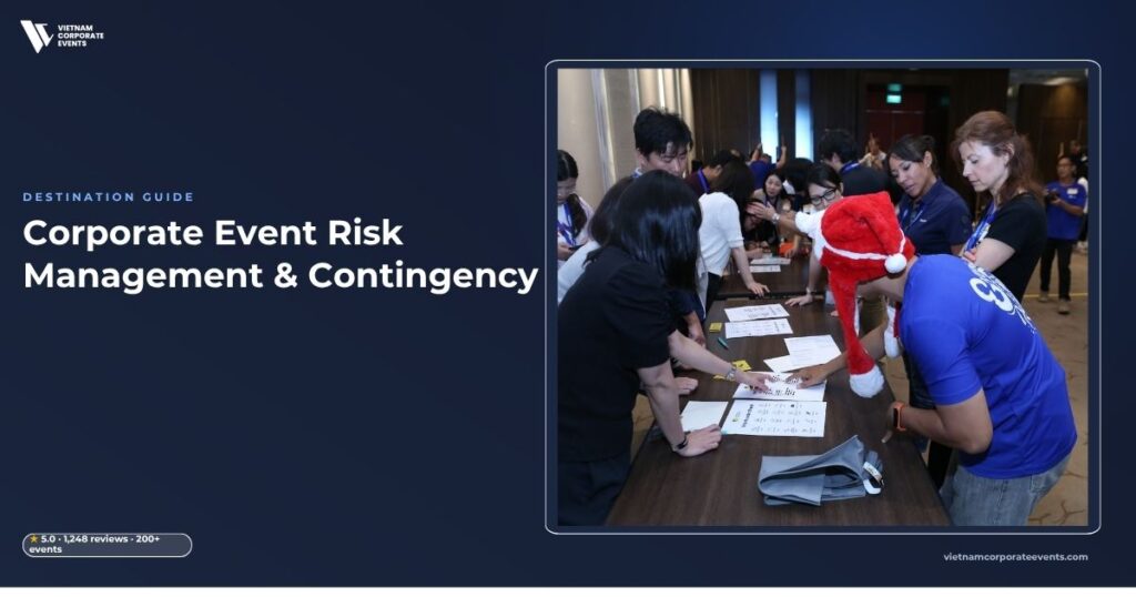 corporate event risk management planning session reviewing contingency documents
