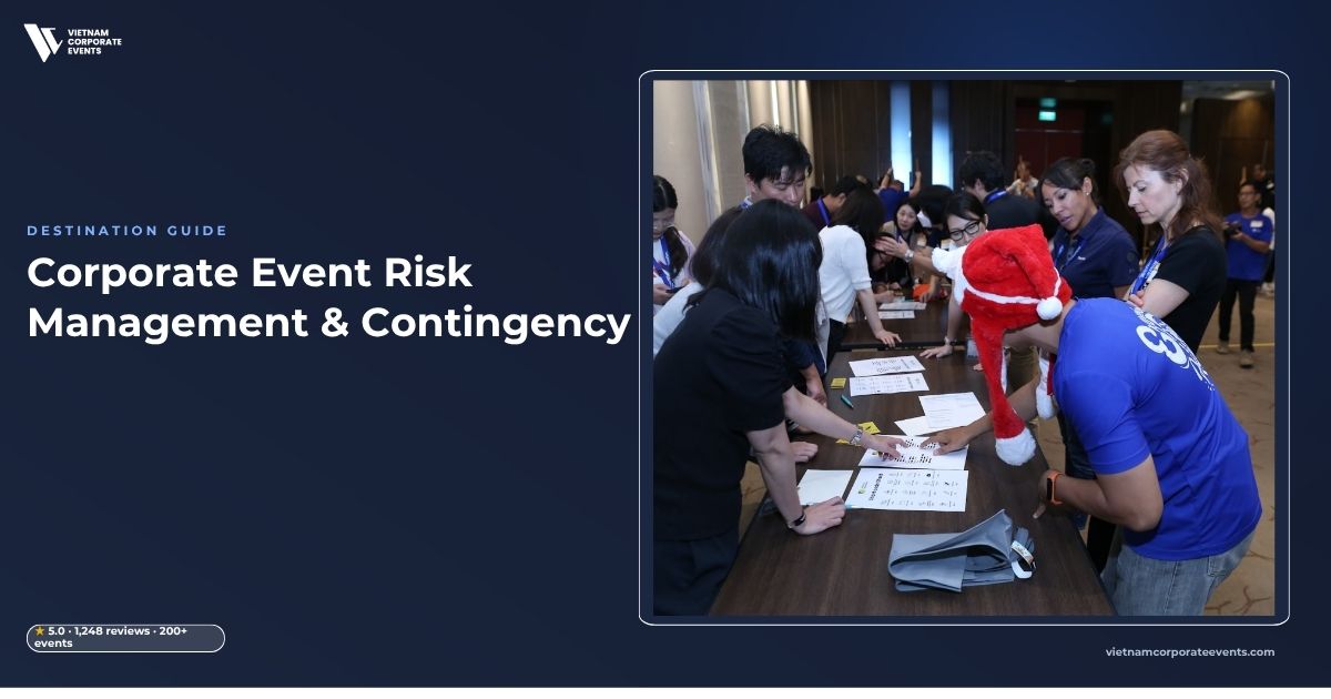 corporate event risk management planning session reviewing contingency documents