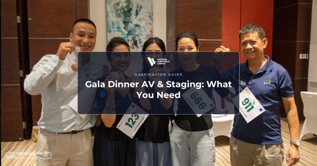 gala dinner av production lighting rig and screen above a corporate gala stage