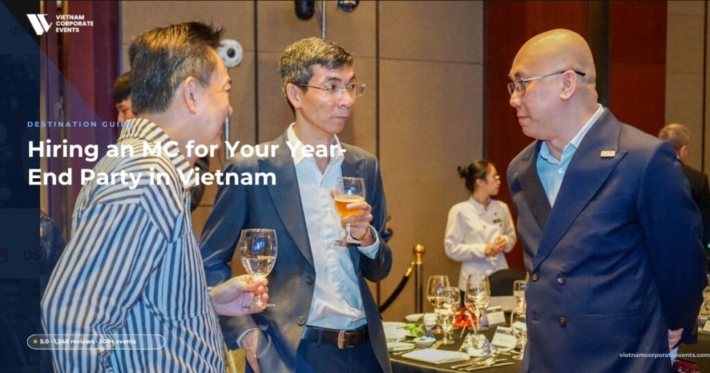 year end party mc vietnam host on stage addressing a company celebration