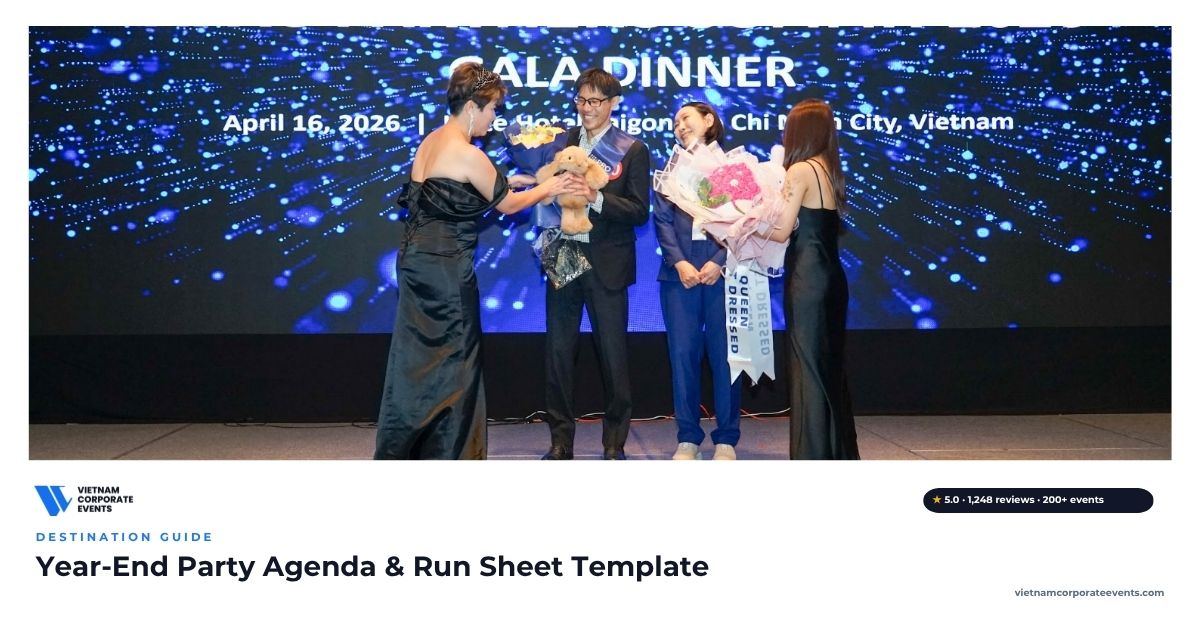 year end party agenda run sheet with timings on an event managers clipboard