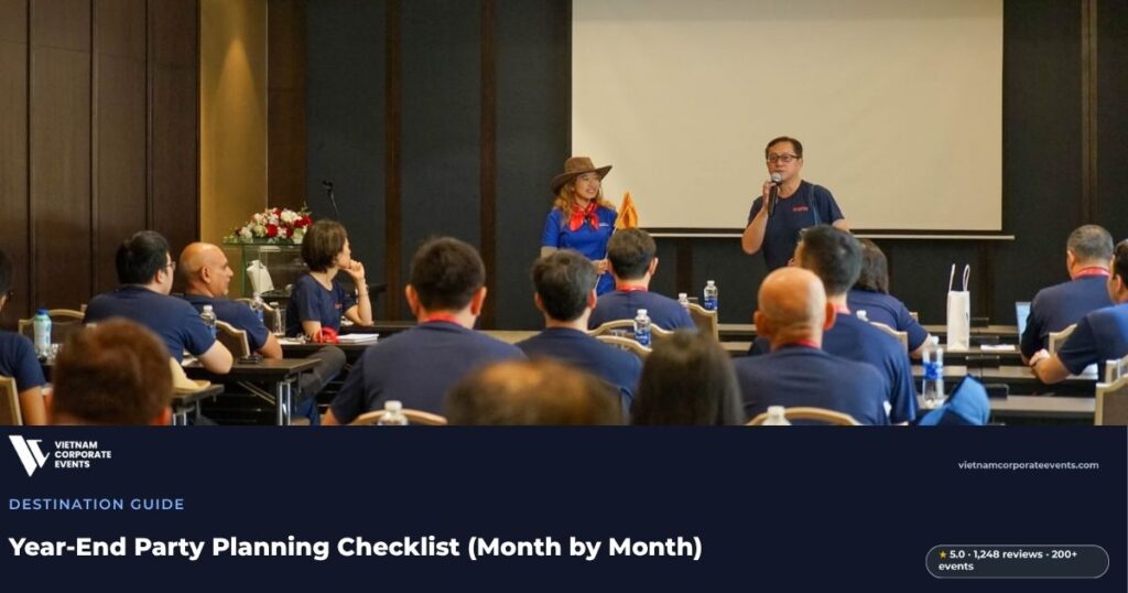 year end party planning checklist corporate team reviewing an event timeline