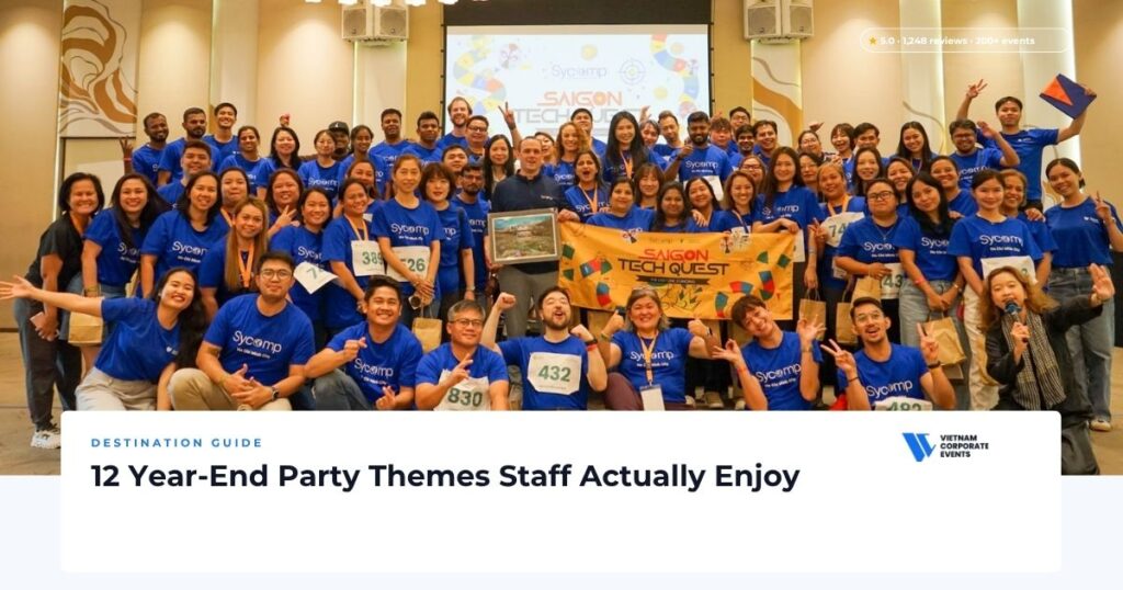 year end party themes company celebration with themed decoration and staff in dress code